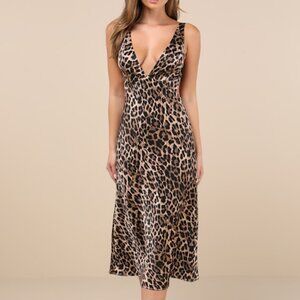 Lulus Unmatched Elegance Tan Leopard Satin Sleeveless Midi Dress Brown - Size S
